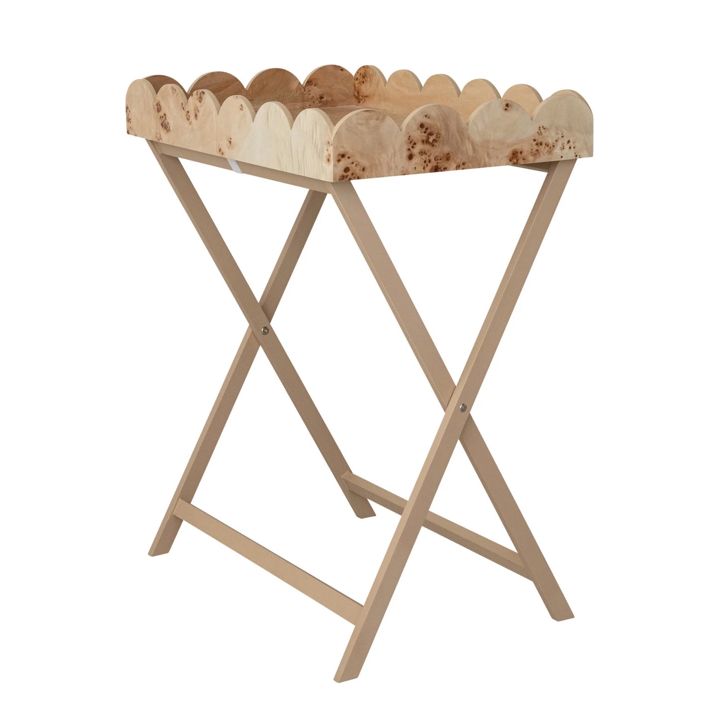 Natural Burl Wood Veneer Folding Table w/ Removable Scalloped Tray- Local Pick Up Only