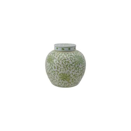 Green & White Decorative Hand-Painted Stoneware Ginger Jar w/ Floral Pattern