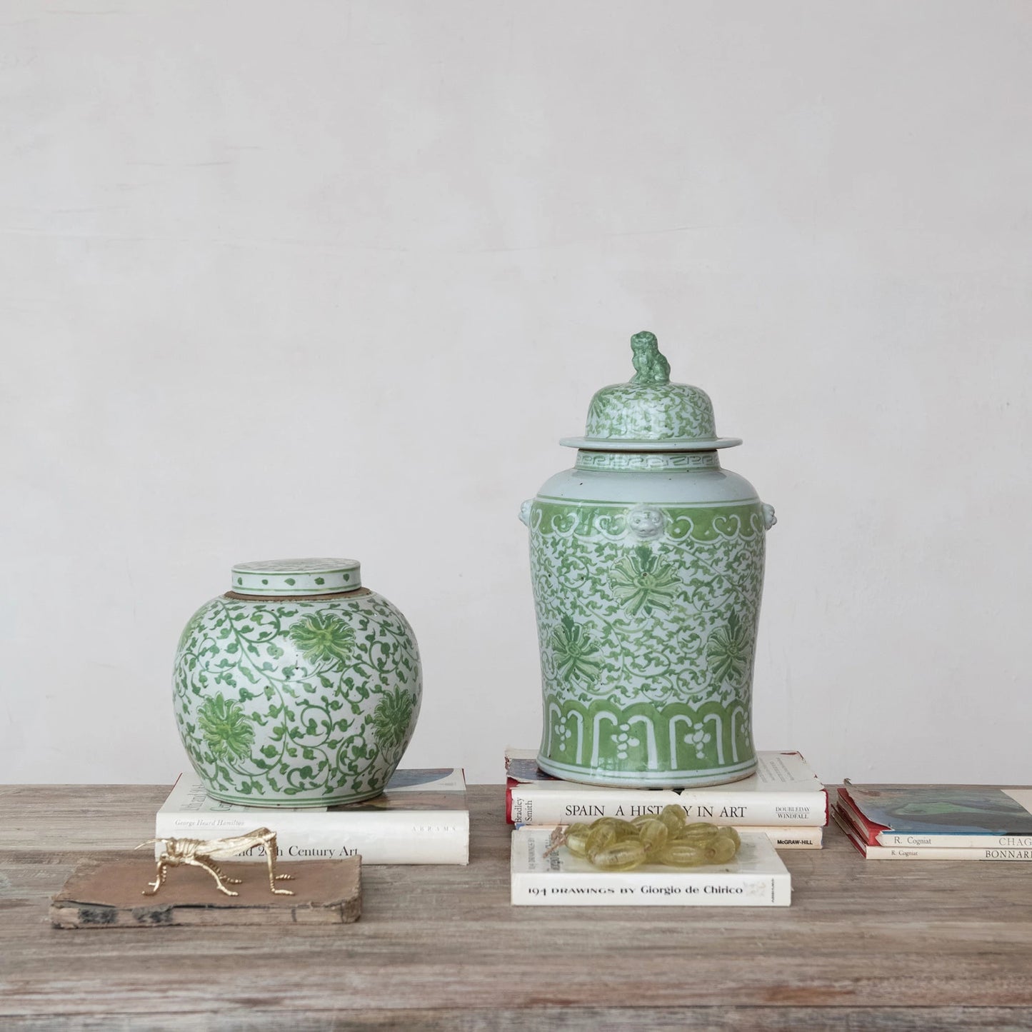 Green & White Decorative Hand-Painted Stoneware Ginger Jar w/ Floral Pattern