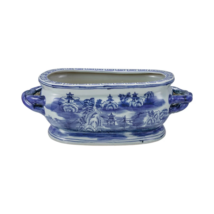 Blue & White Oval Hand-Painted Stoneware Vintage Planter