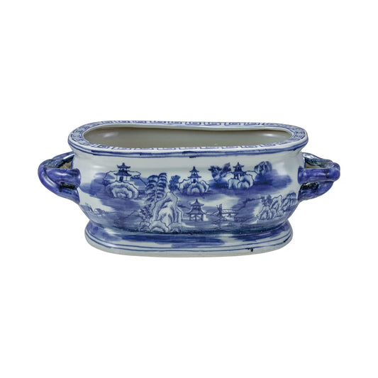 Blue & White Oval Hand-Painted Stoneware Vintage Planter