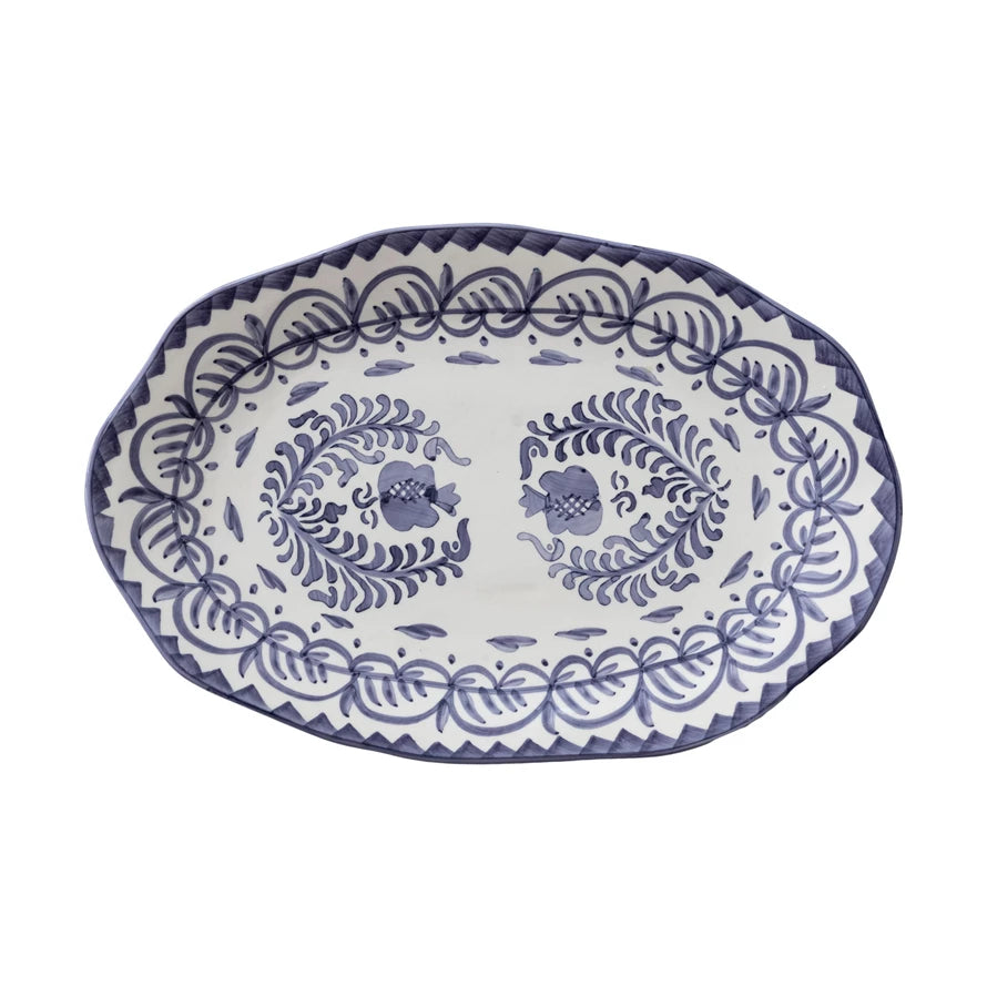 Hand-Painted Stoneware Organic Shaped Platter w/ Botanical Design