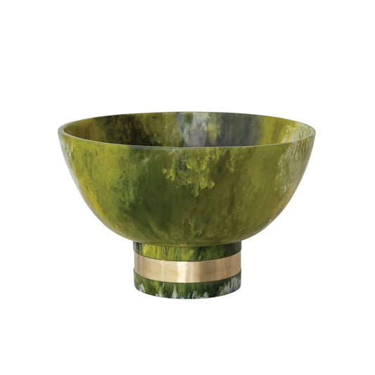 Green Marbled Resin Footed Bowl w/ Gold Finish Metal Wrap