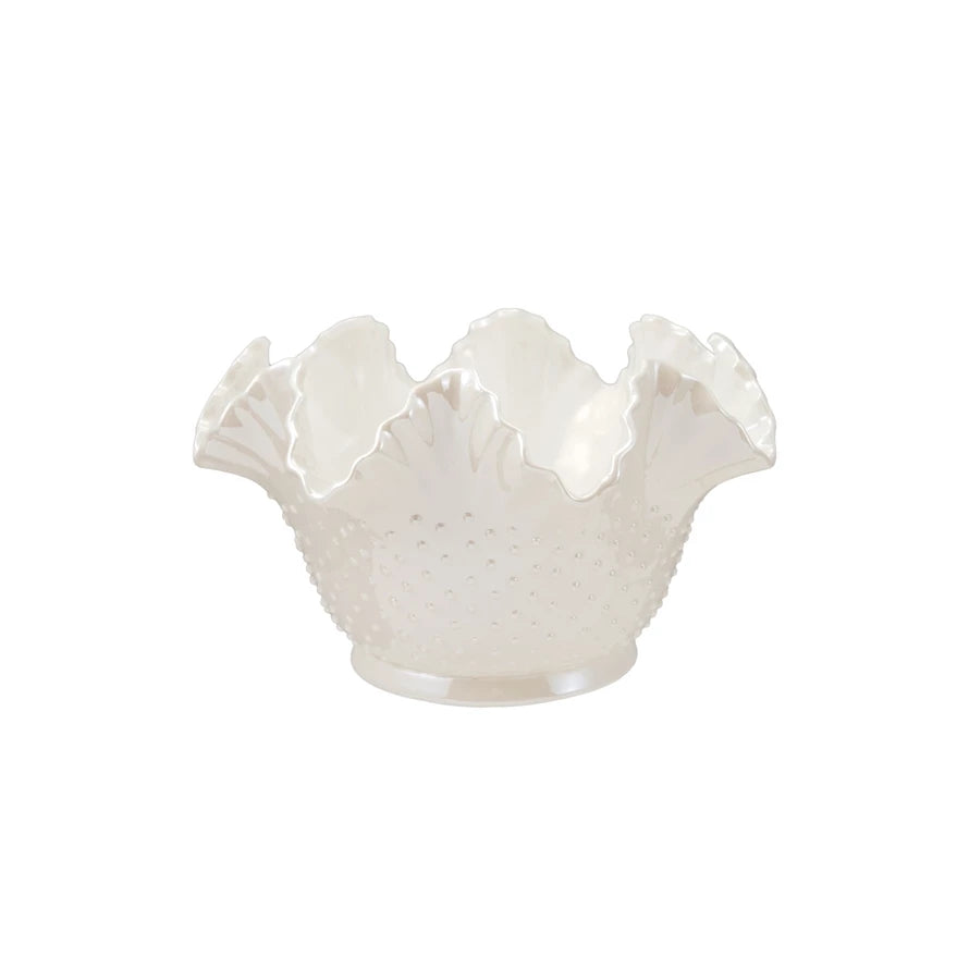 White Stoneware Vintage Ruffled Hobnail Bowl