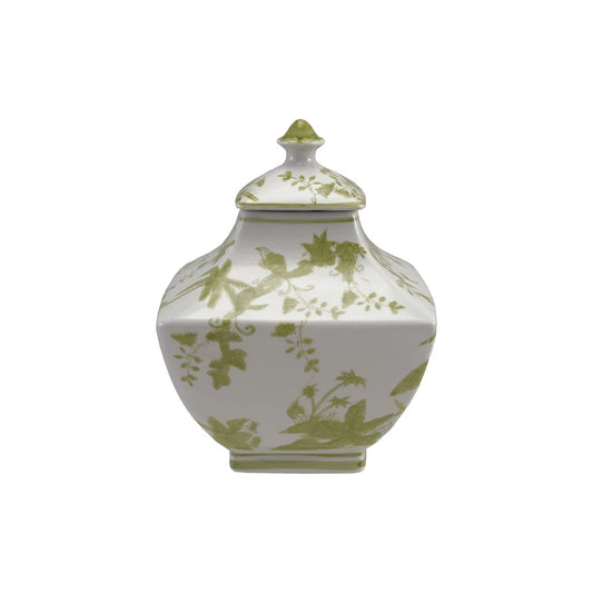 Green & White Hand-Painted Stoneware Jar w/ Botanicals