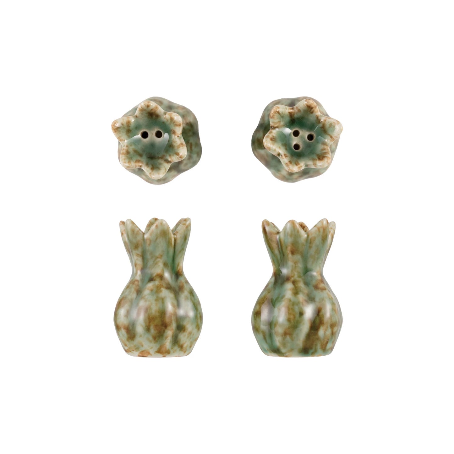 Green Stoneware Flower Shaped Salt & Pepper Shakers