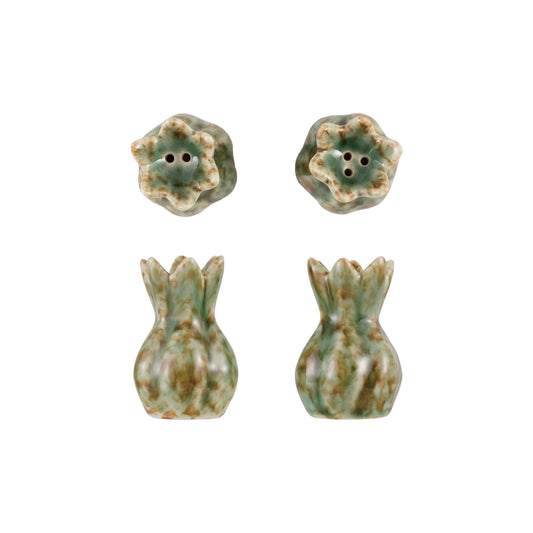 Green Stoneware Flower Shaped Salt & Pepper Shakers