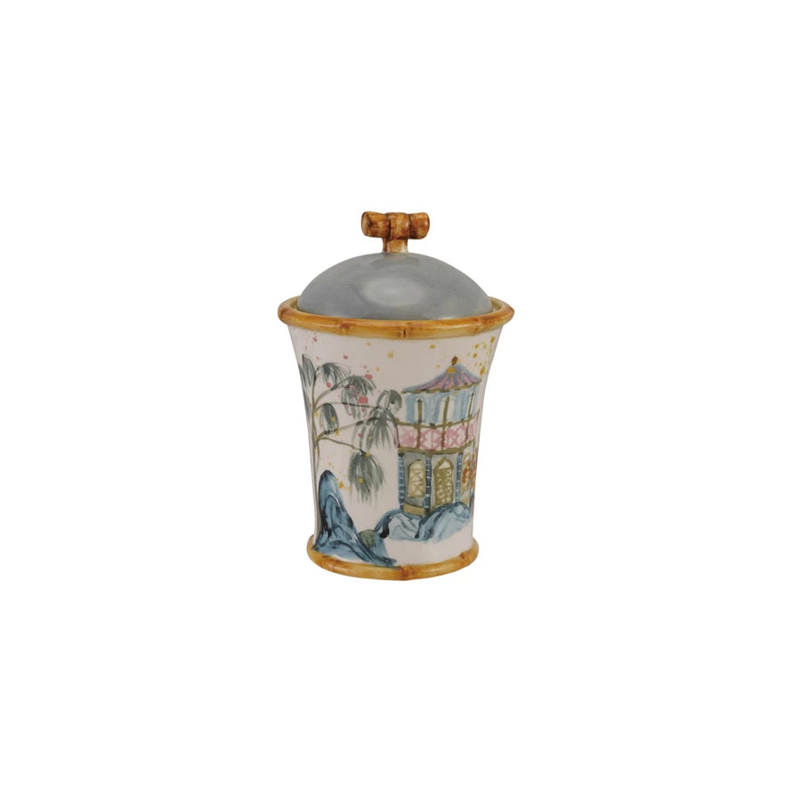 Hand-Painted Stoneware Canister w/ House, Palm Tree & Bamboo Style Edges