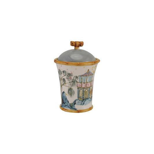 Hand-Painted Stoneware Canister w/ House, Palm Tree & Bamboo Style Edges