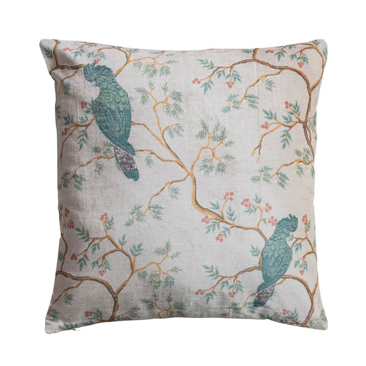 18" Square Cotton Velvet Pillow w/ Birds & Branches