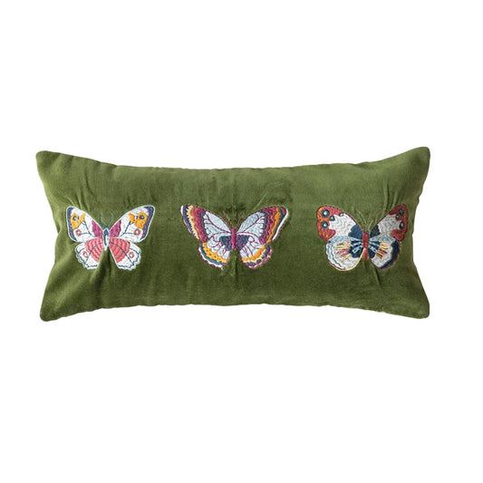Cotton Velvet Lumbar Pillow w/ Embroidered Butterflies & Chambray Back