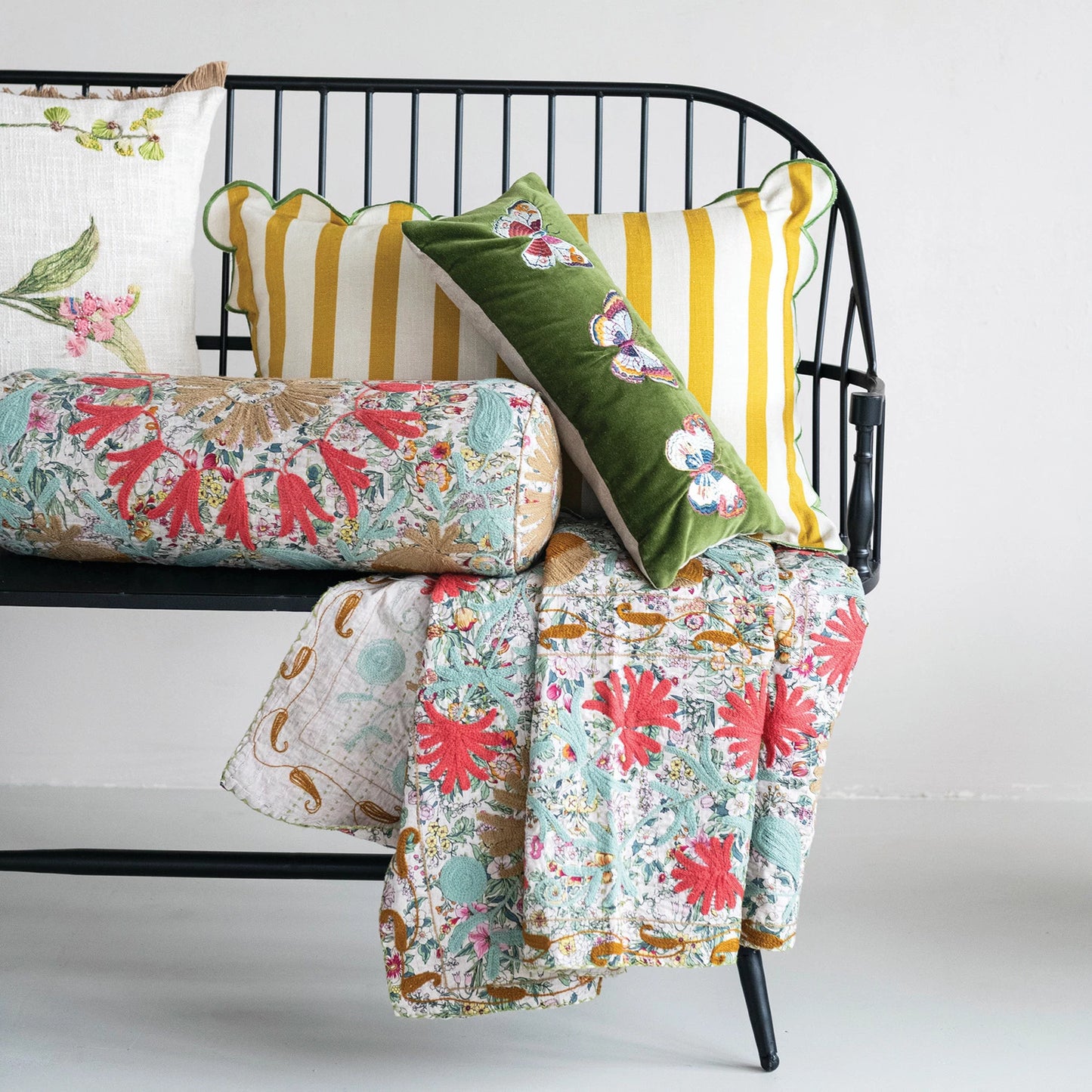 Cotton Velvet Lumbar Pillow w/ Embroidered Butterflies & Chambray Back