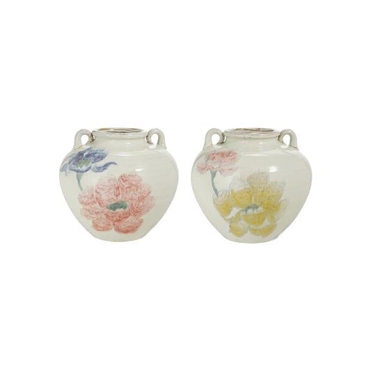 Hand-Painted Stoneware Urn w/ Flowers