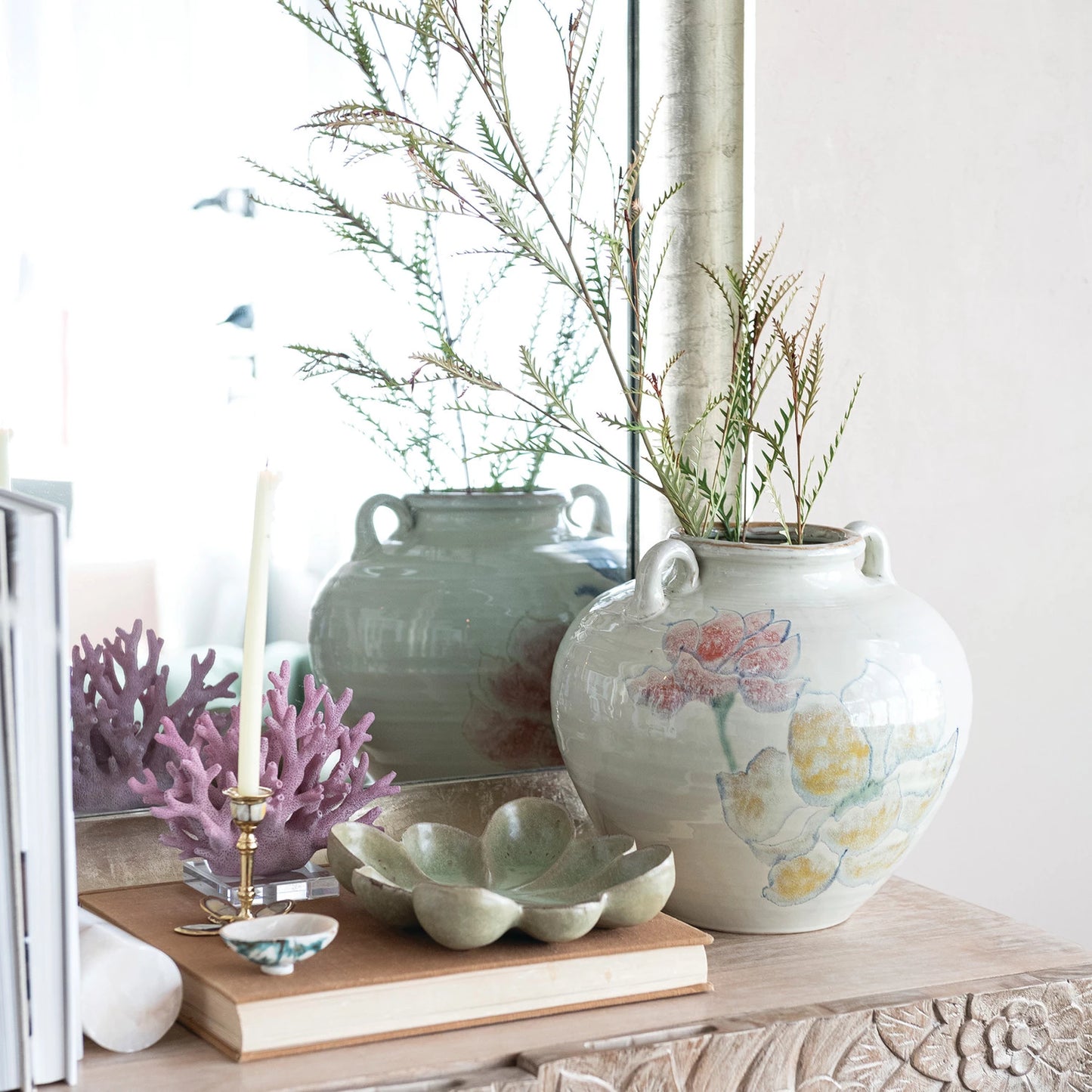 Hand-Painted Stoneware Urn w/ Flowers