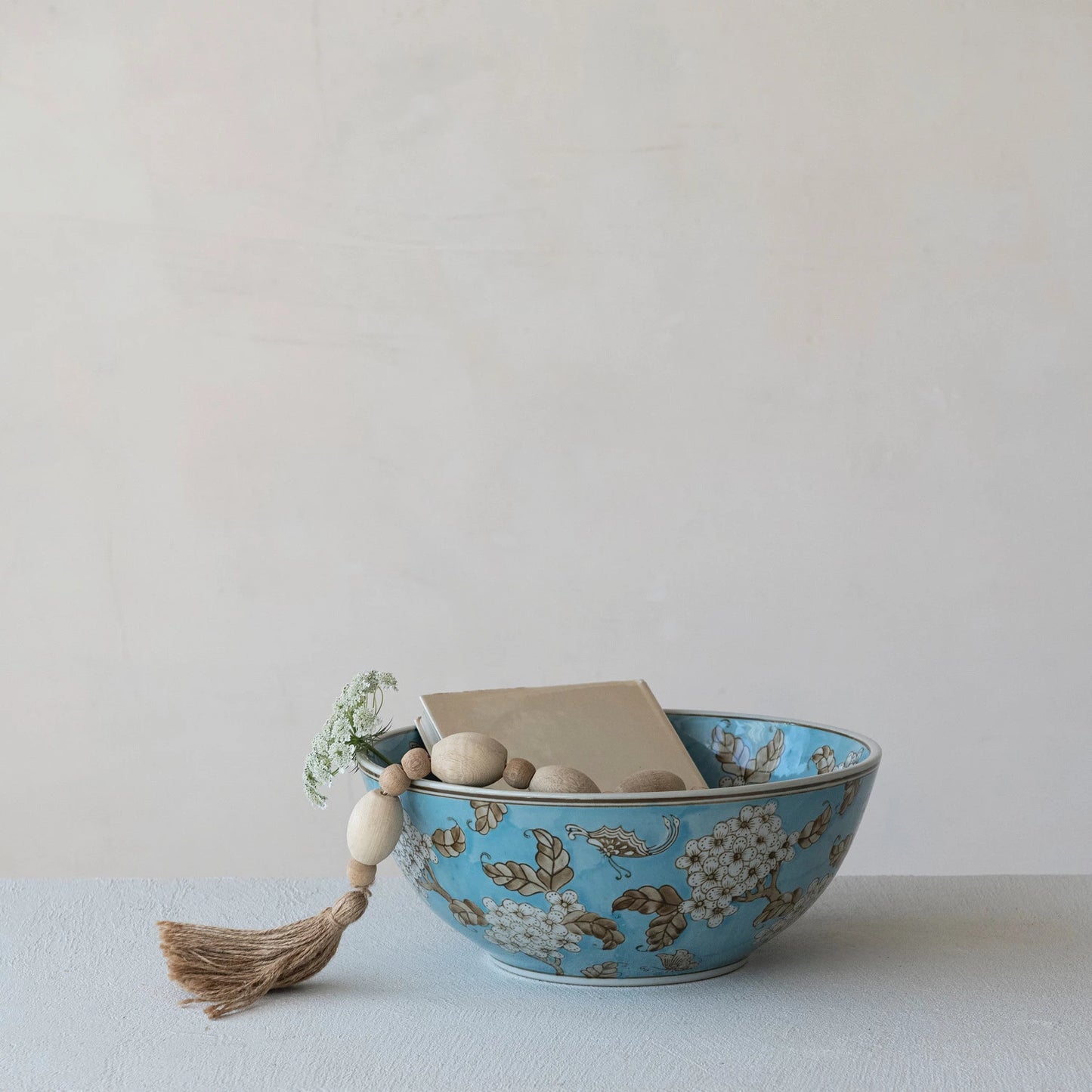 Hand-Painted Stoneware Serving Bowl w/ Cherry Blossoms