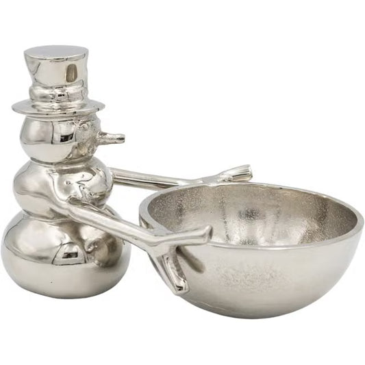 Cast Aluminum Snowman Holding Bowl, Nickel Finish