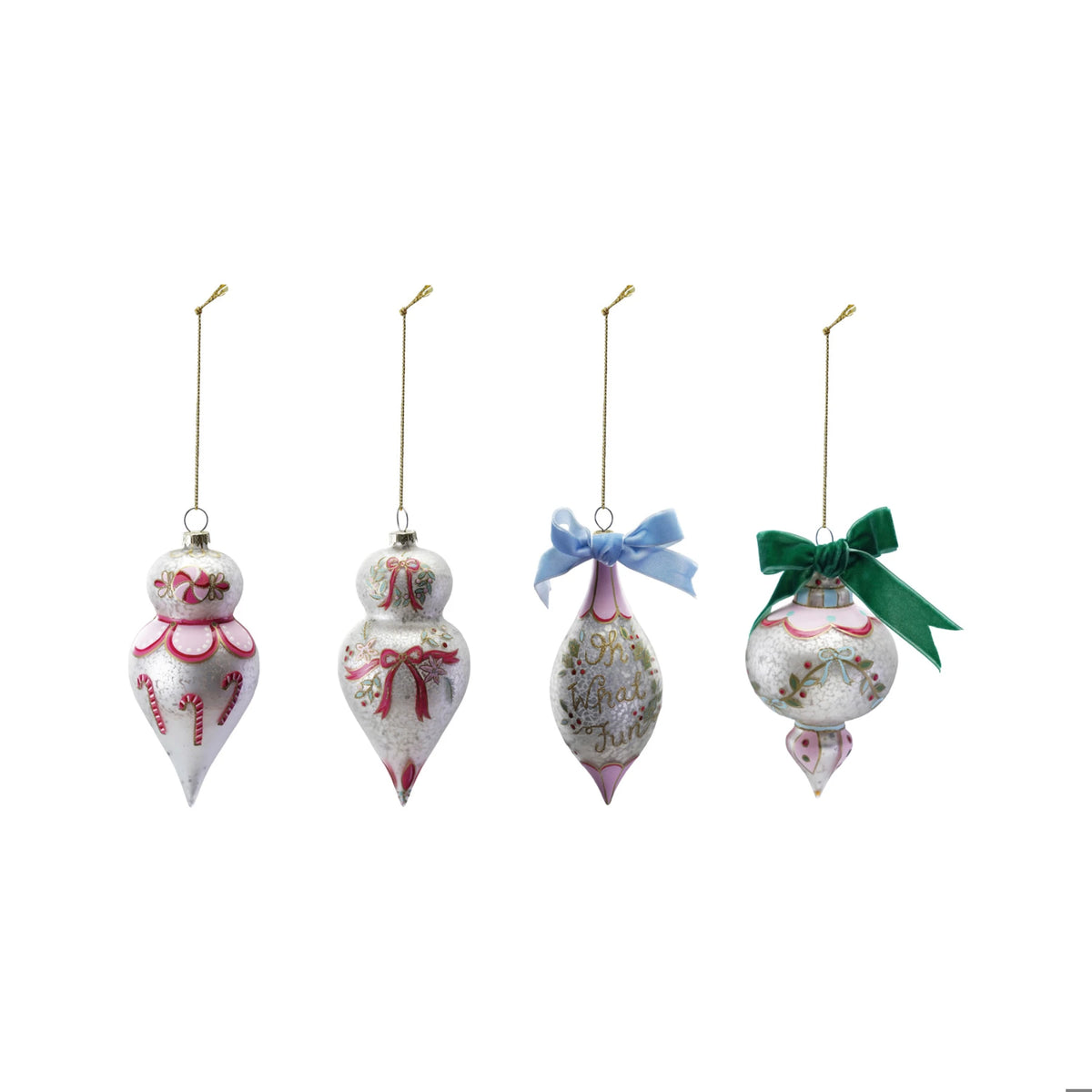 Hand-Painted Glass Ornament w/ Design/Velvet Bow, 4 Styles