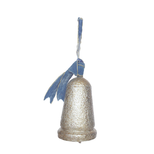 Antique Silver Metal Bell w/ Blue Velvet Ribbon,3 Sizes