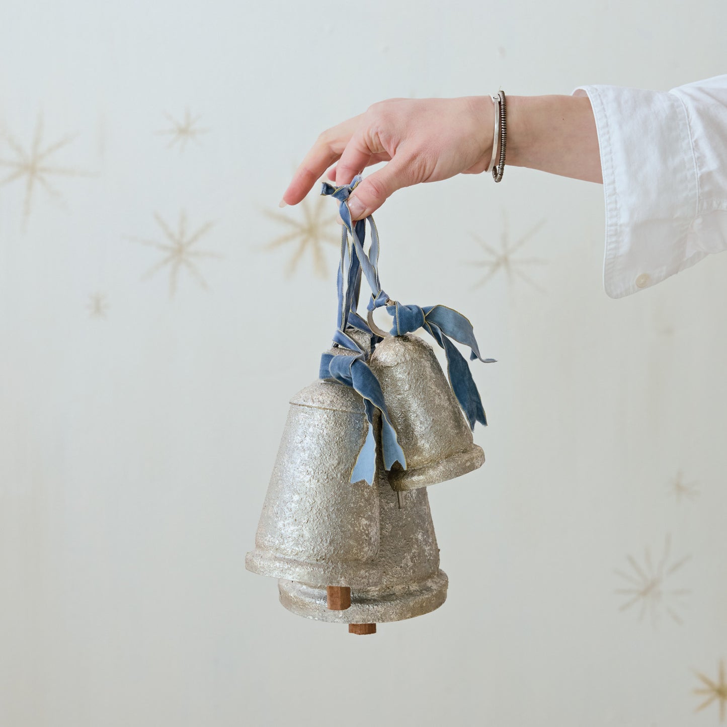 Antique Silver Metal Bell w/ Blue Velvet Ribbon,3 Sizes