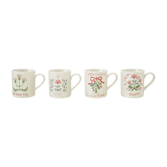 14 oz. Hand-Painted Stoneware Mug w/ Holiday Botanicals & Saying, 4 Styles
