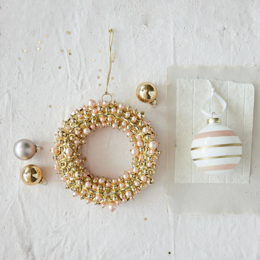 6-1/2" Faux Pearl & Glass Beaded Wreath Ornament w/ Sequins, Gold Finish & Pink