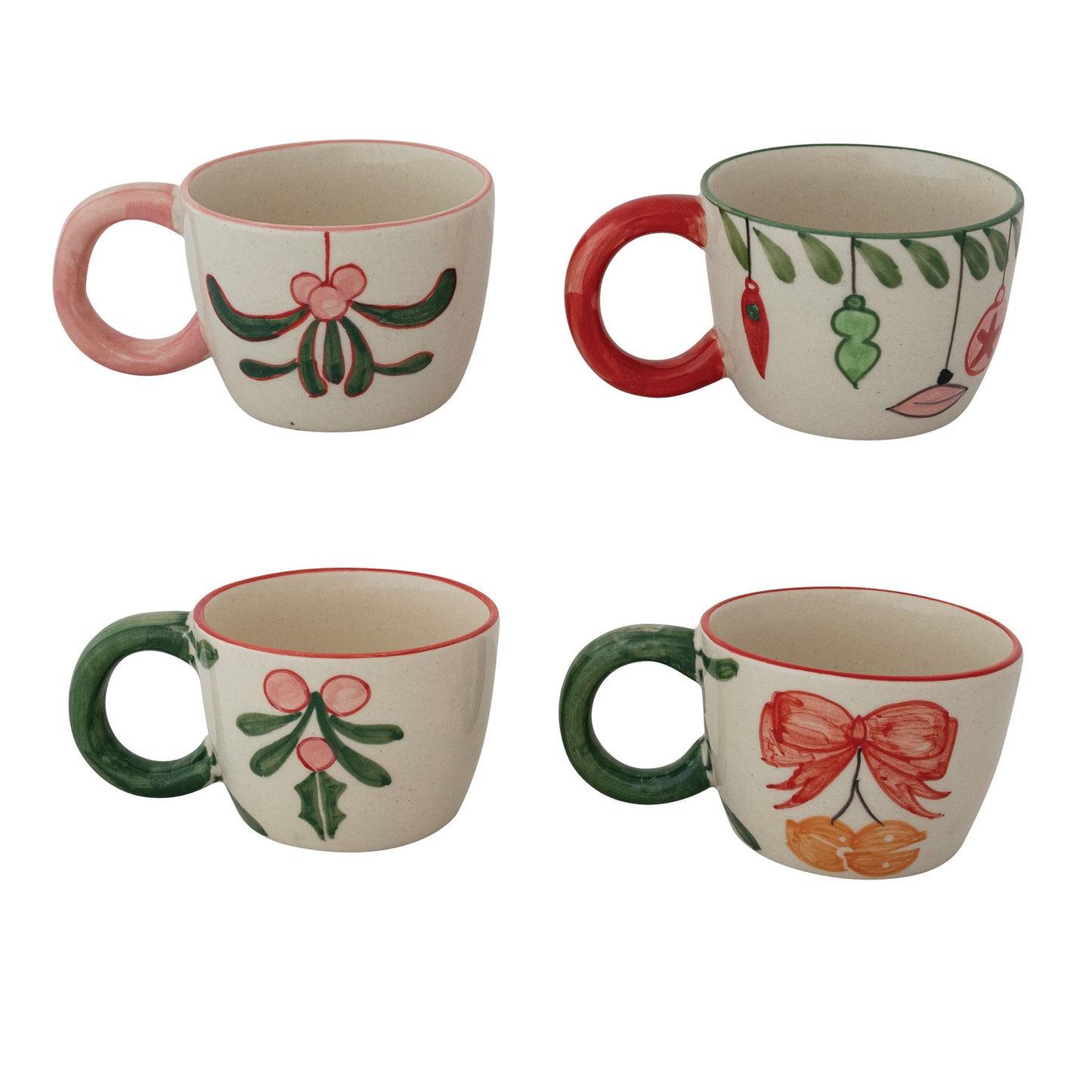 8 oz. Hand-Painted Stoneware Mug w/ Colored Rim & Handle, 4 Styles