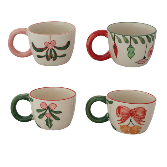 8 oz. Hand-Painted Stoneware Mug w/ Colored Rim & Handle, 4 Styles